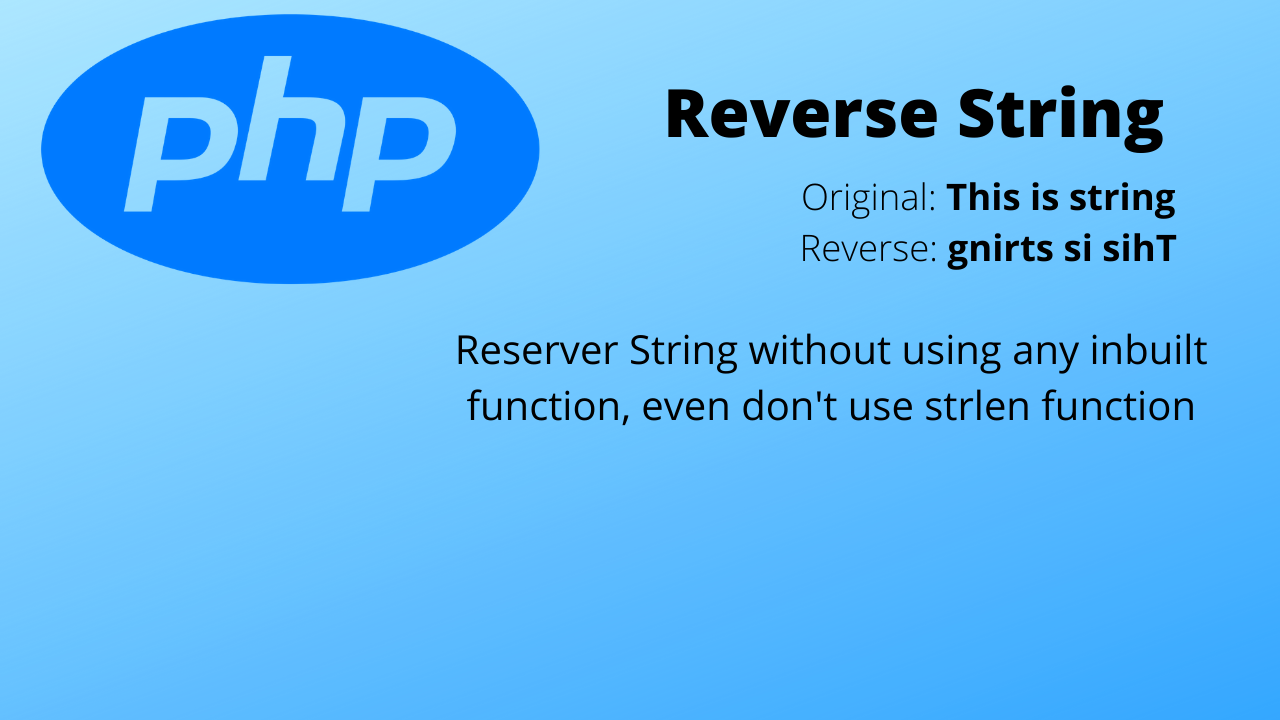 Read more about the article String reverse without using library function in php | PHP reverse string without strrev | String manipulation programs in php